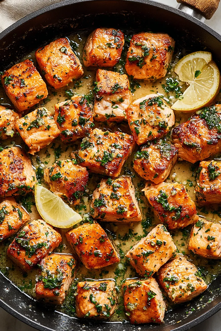 Seared salmon bites in garlic butter in skillet