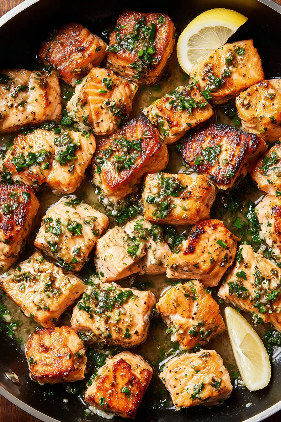 Close-up of garlic butter and parsley on salmon bites