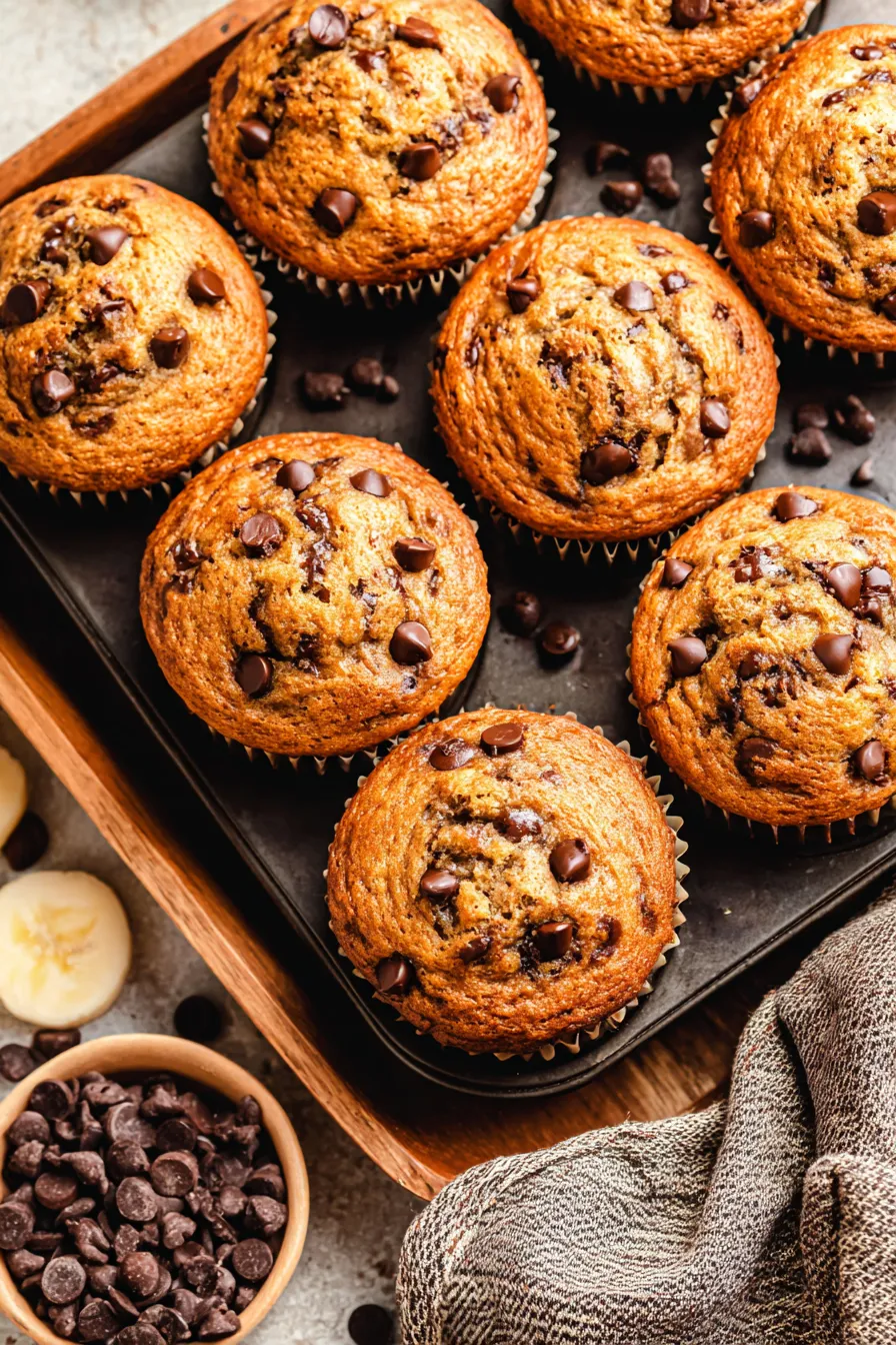 Freshly baked banana chocolate chip muffins on a cooling rack