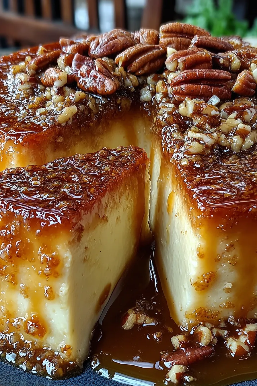 Close-up of caramel glaze dripping down sides