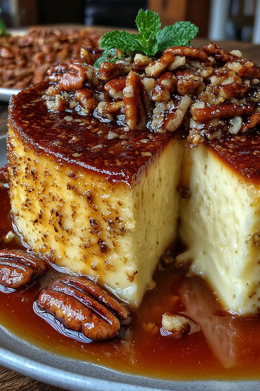 Two layered cake with crème brûlée filling and pecans