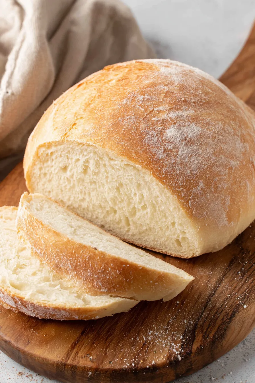 Sliced Italian bread on wooden board beside olive oil