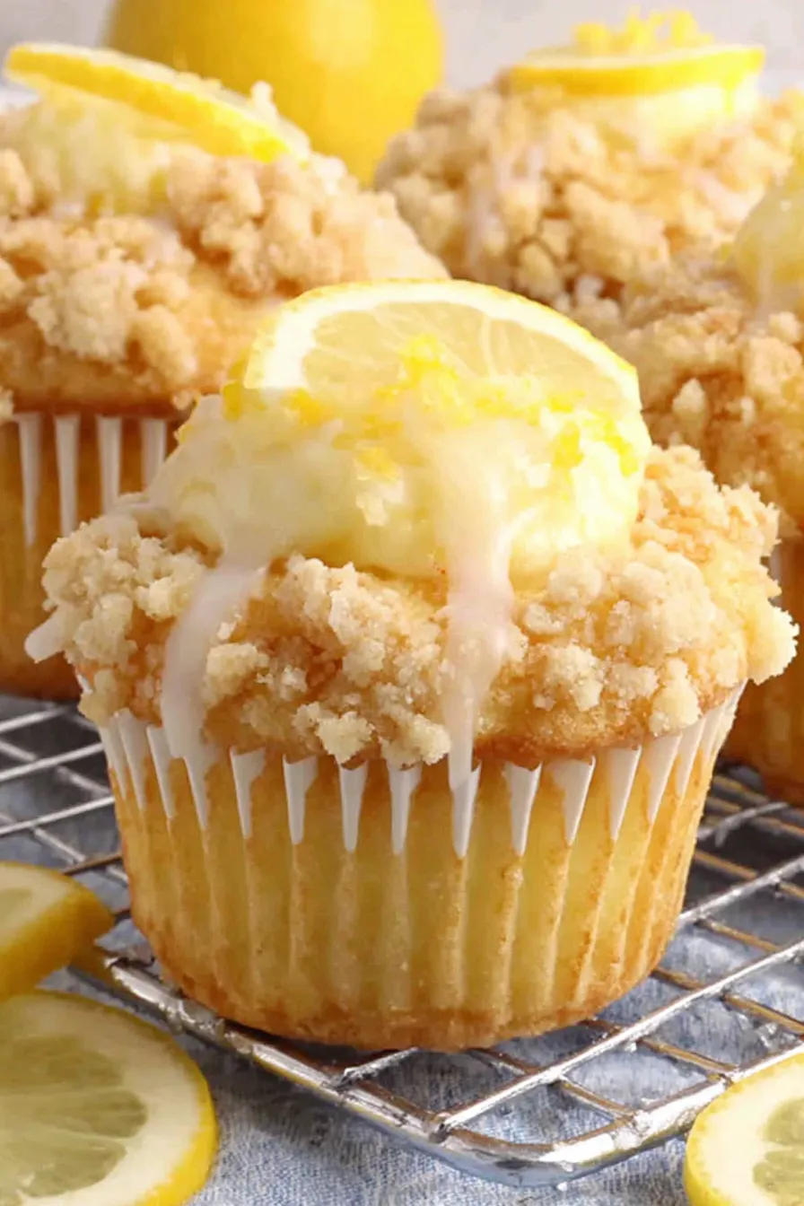 Freshly baked lemon curd muffins with streusel