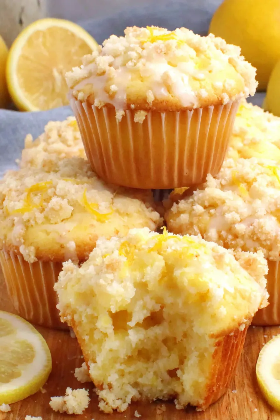 Close-up of streusel topping on lemon curd muffin