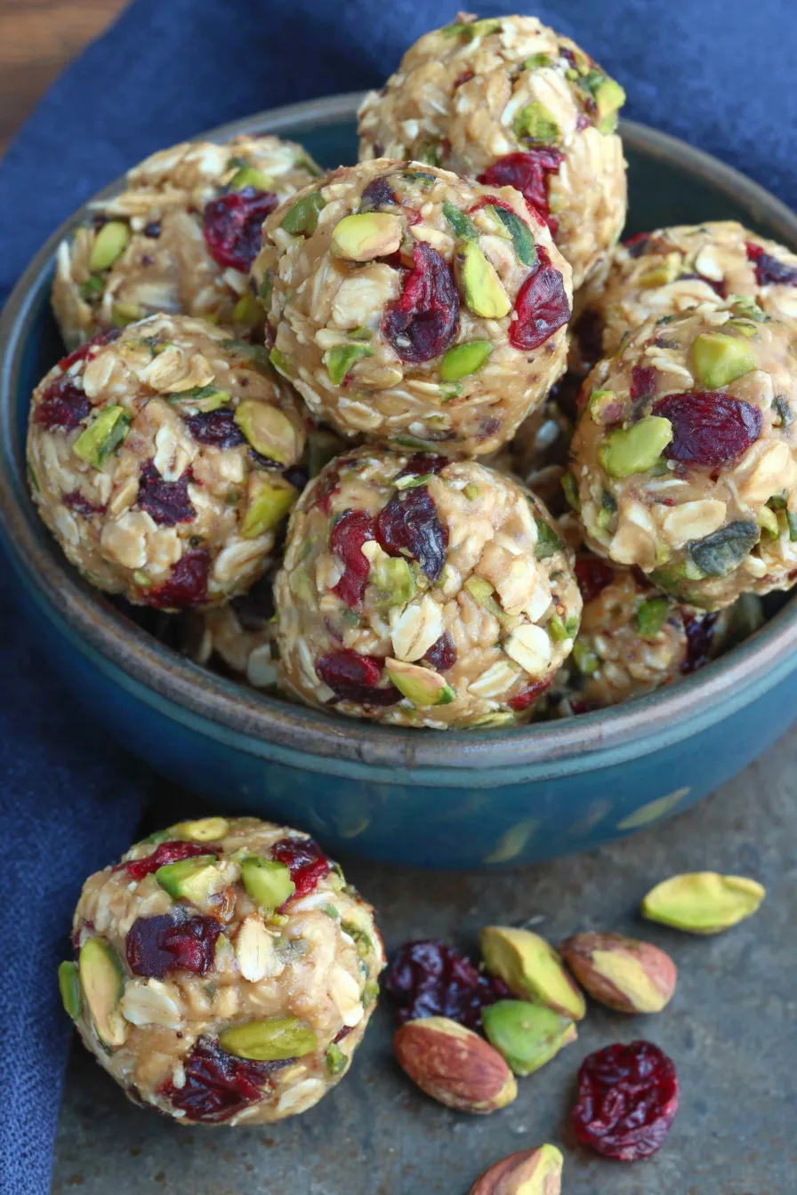 Close up of a cranberry pistachio energy bite