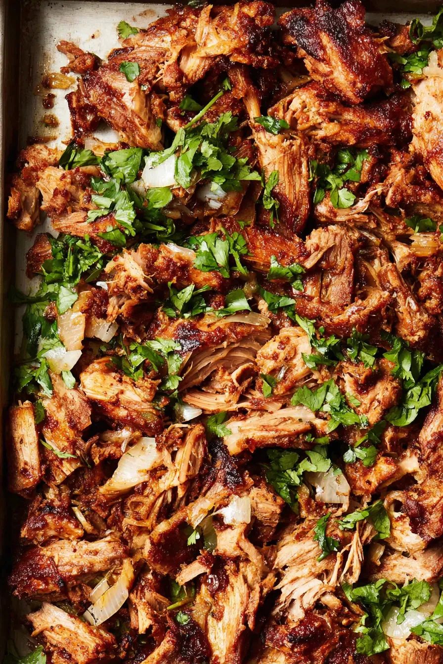 Crispy shredded carnitas on sheet pan