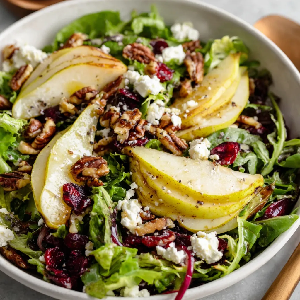 Crisp Pear & Feta Salad with Toasted Nuts and Maple-Shallot Vinaigrette