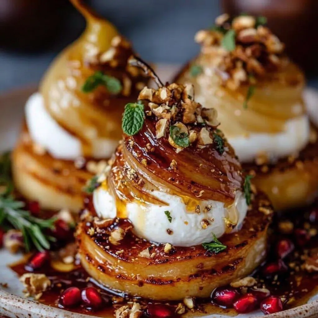 Golden Caramelized Pear & Burrata Towers