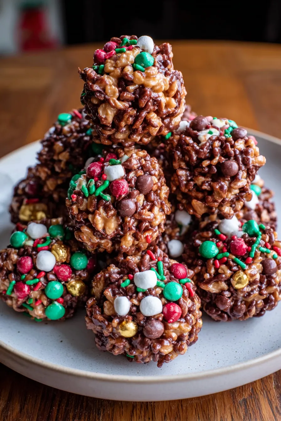 Two chocolate Rice Krispie balls on parchment