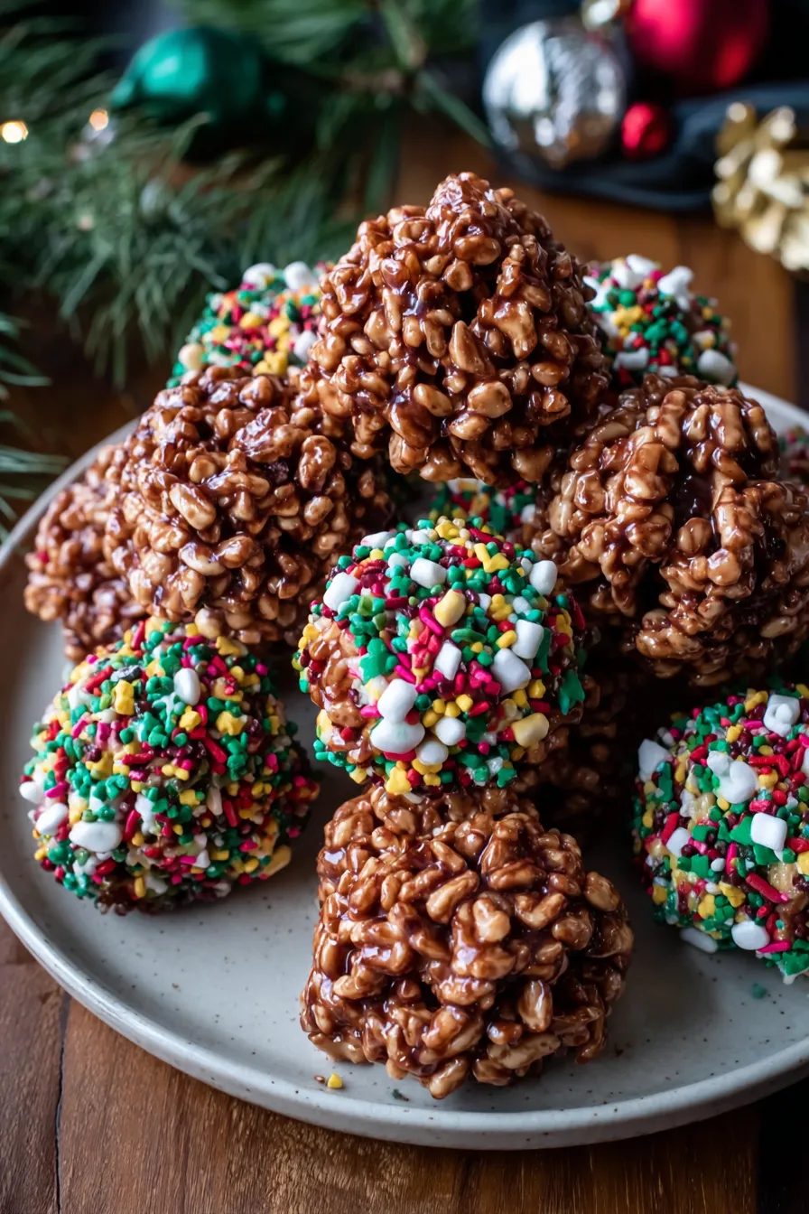 Rows of decorated holiday Rice Krispie balls