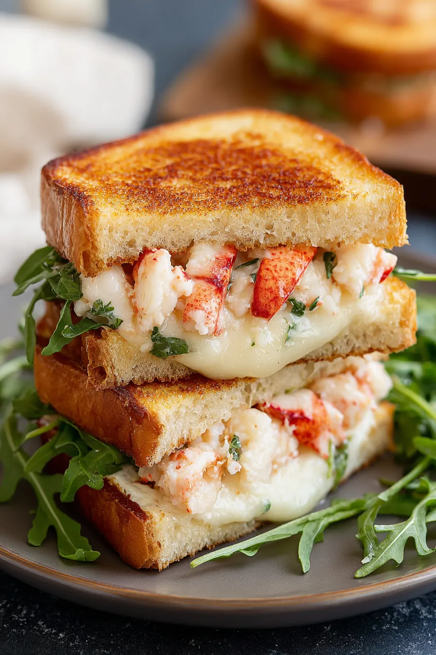 Lobster grilled cheese in skillet with melted cheese