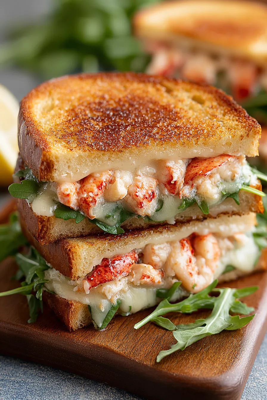 Sliced lobster grilled cheese with arugula