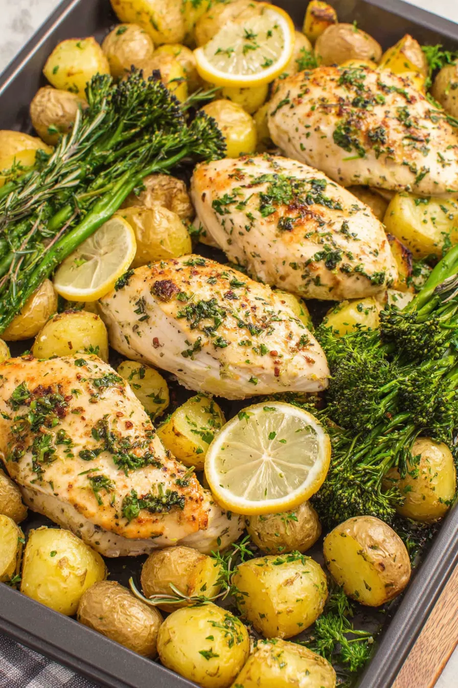 Baked chicken and potatoes on sheet pan with lemon butter sauce
