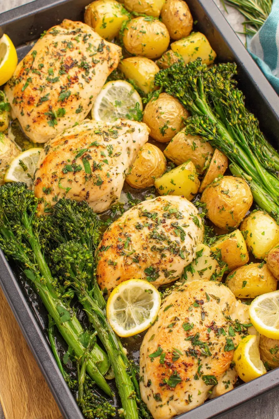 Roasted broccolini and potatoes alongside sliced chicken breasts