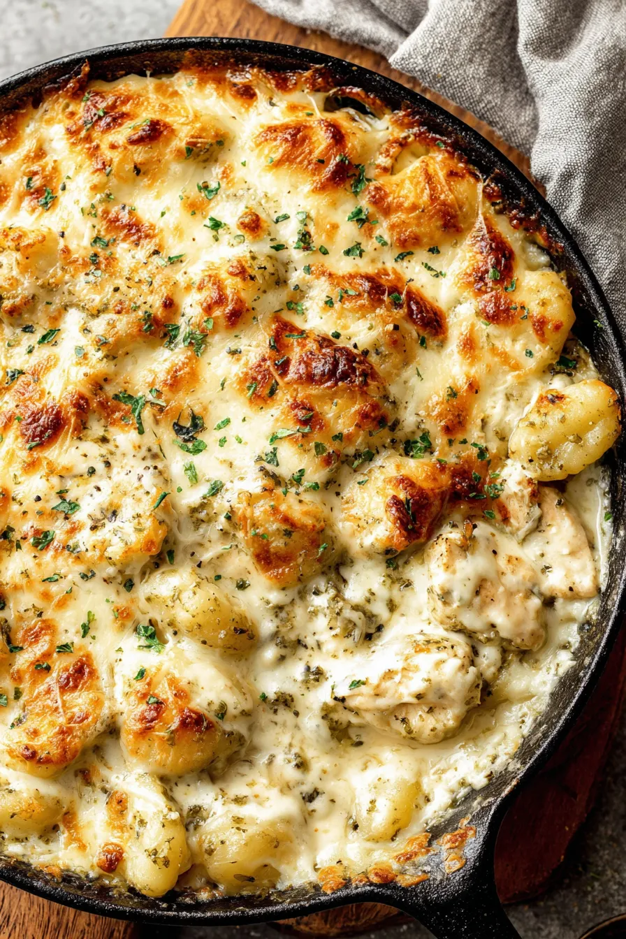 Pesto chicken gnocchi bubbling in skillet with melted cheese