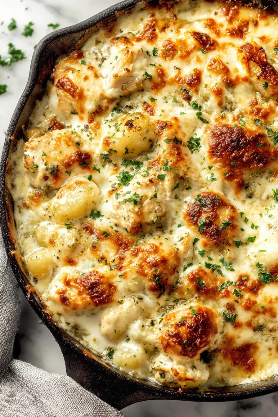 Close-up of cheesy pesto gnocchi with golden top