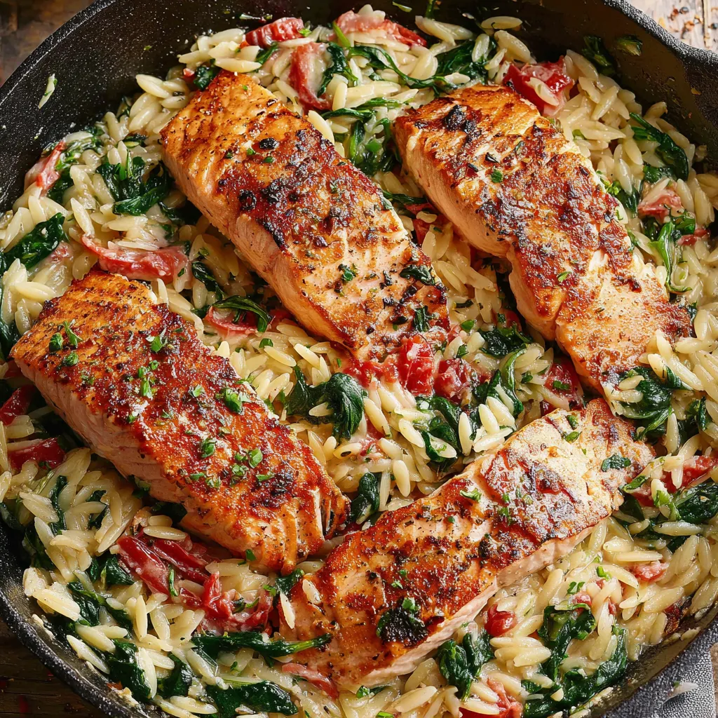 Salmon Orzo with Creamy Spinach & Roasted Red Pepper