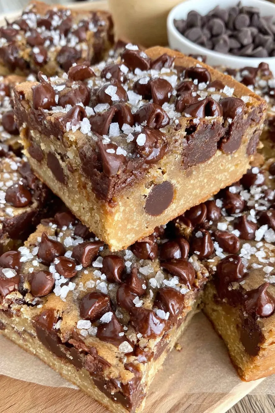 Baked chocolate chip cookie dough bars cooling in pan