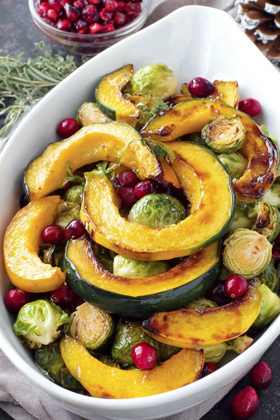 Roasted acorn squash and Brussels sprouts on a baking sheet