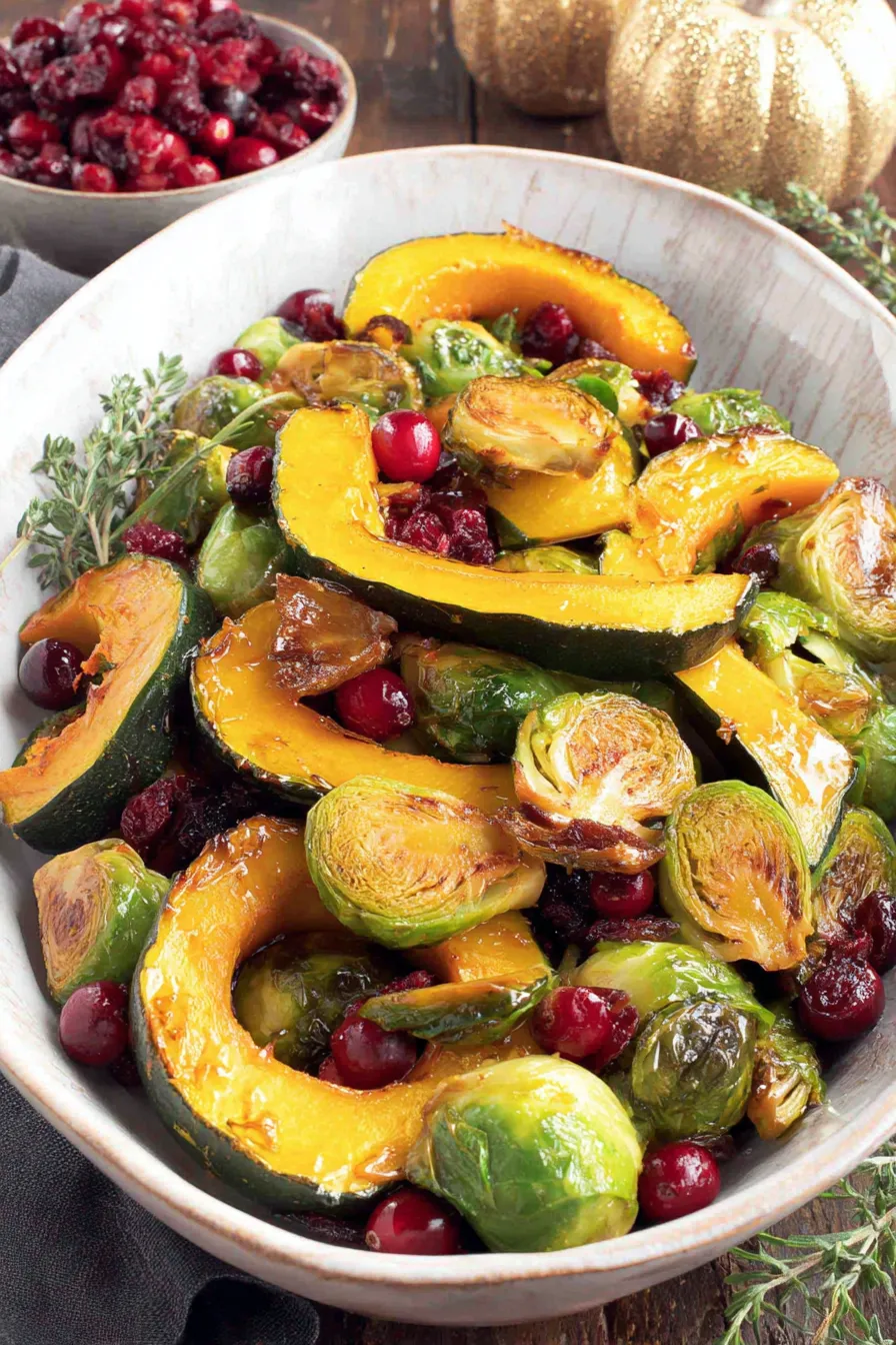 Close-up of glazed roasted squash and sprouts
