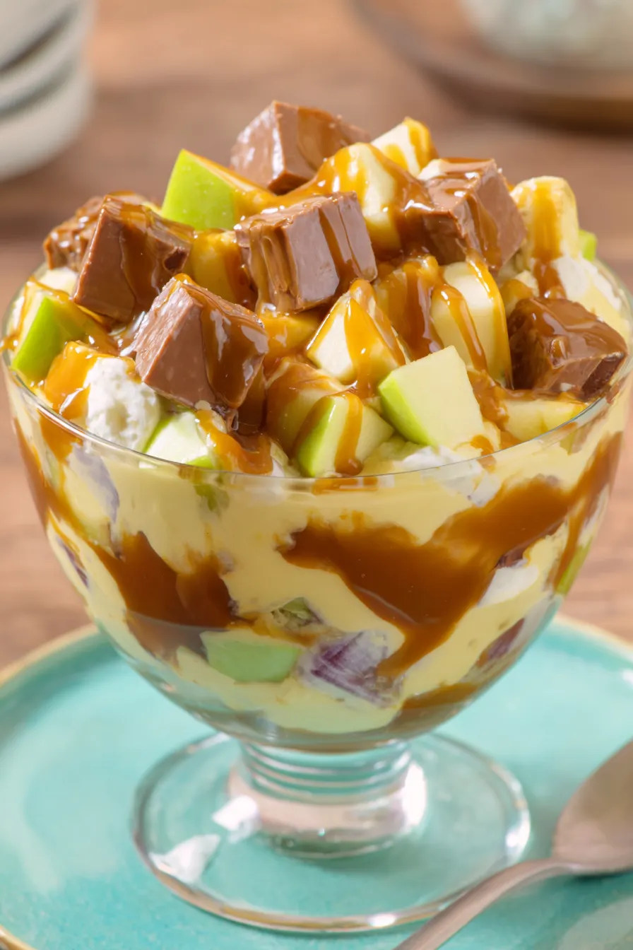 Bowl of Snickers Salad showing creamy texture and chopped apples