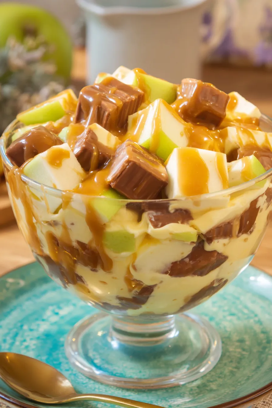 Close-up of chopped Snickers pieces and tart apple chunks ready to fold into salad