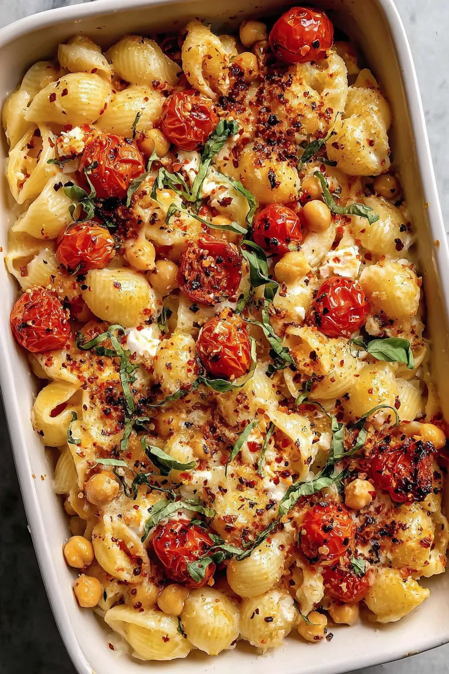 Baked feta with tomatoes and chickpeas in a baking dish