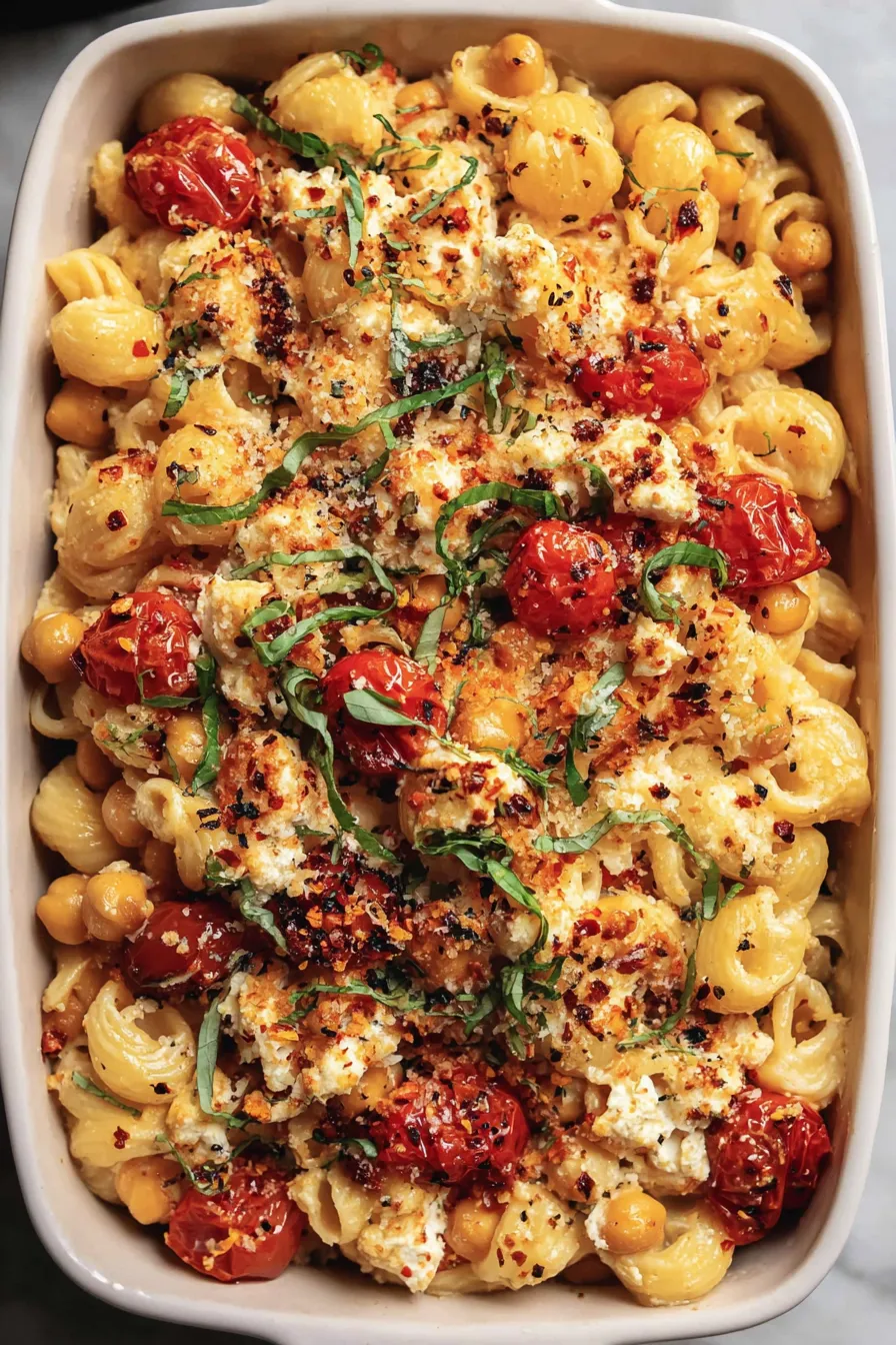 Creamy feta pasta served in a bowl with basil