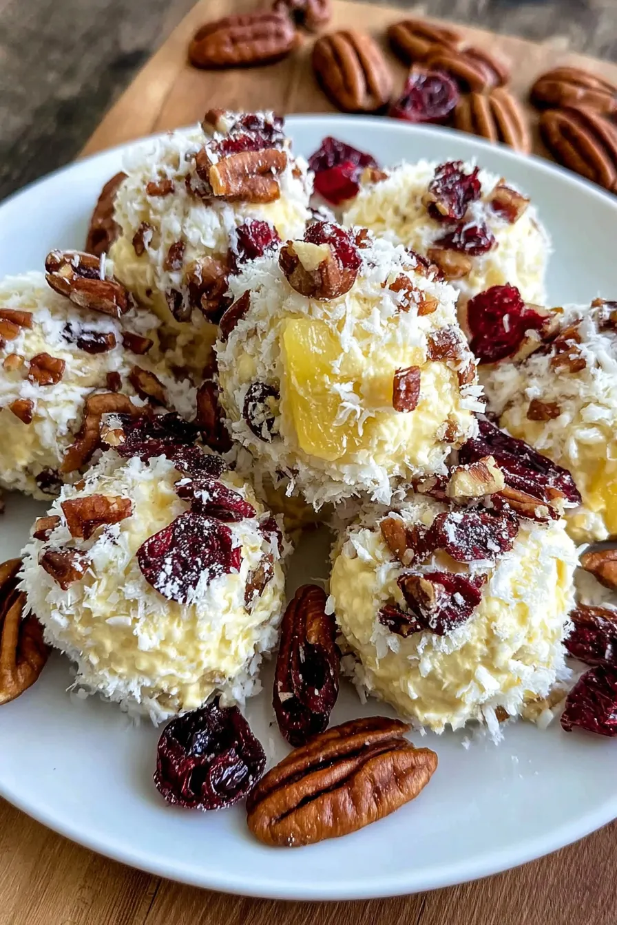 Close-up of a single pecan-coated cheese ball