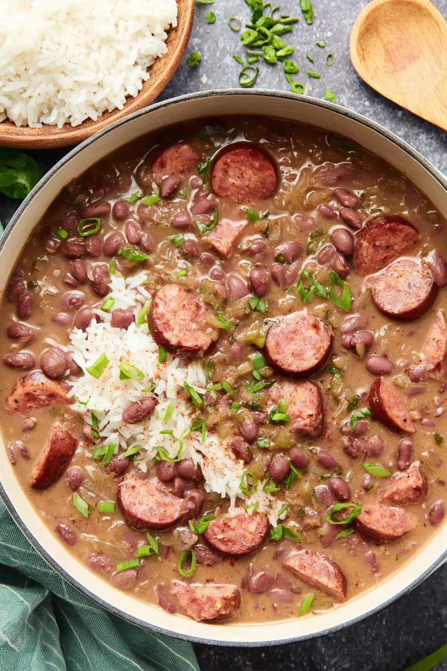Simmering red beans and sausage in a pot
