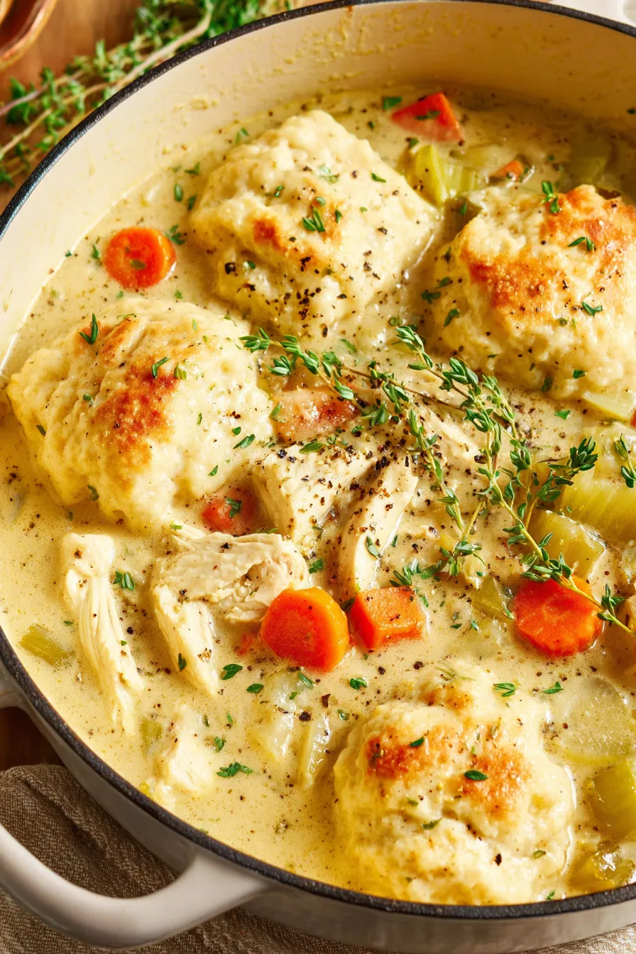 Hearty bowl of chicken and dumplings with steam rising