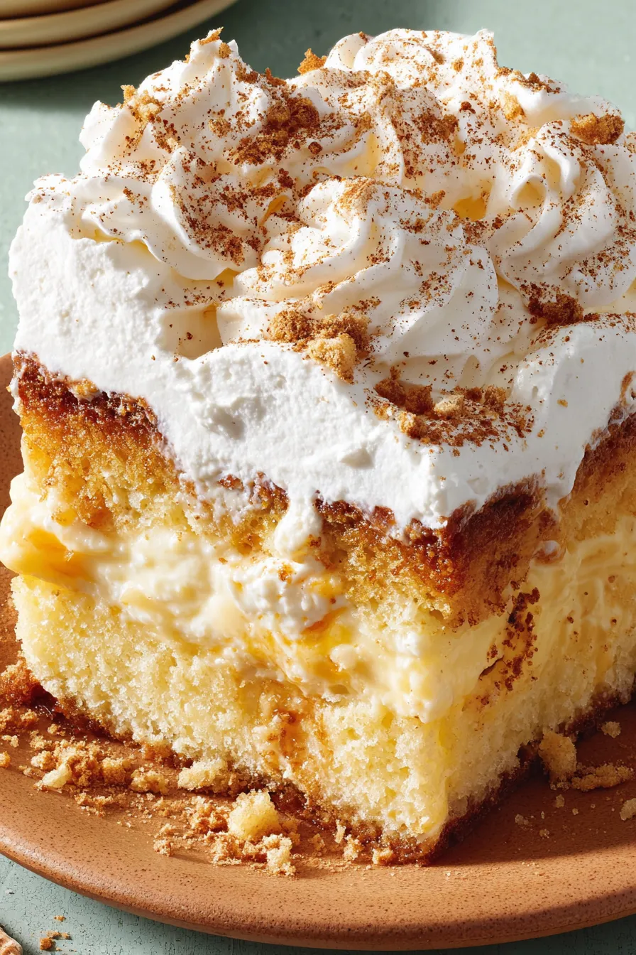 Eggnog poke cake in a 9x13 pan, topped with whipped cream and dusted cinnamon