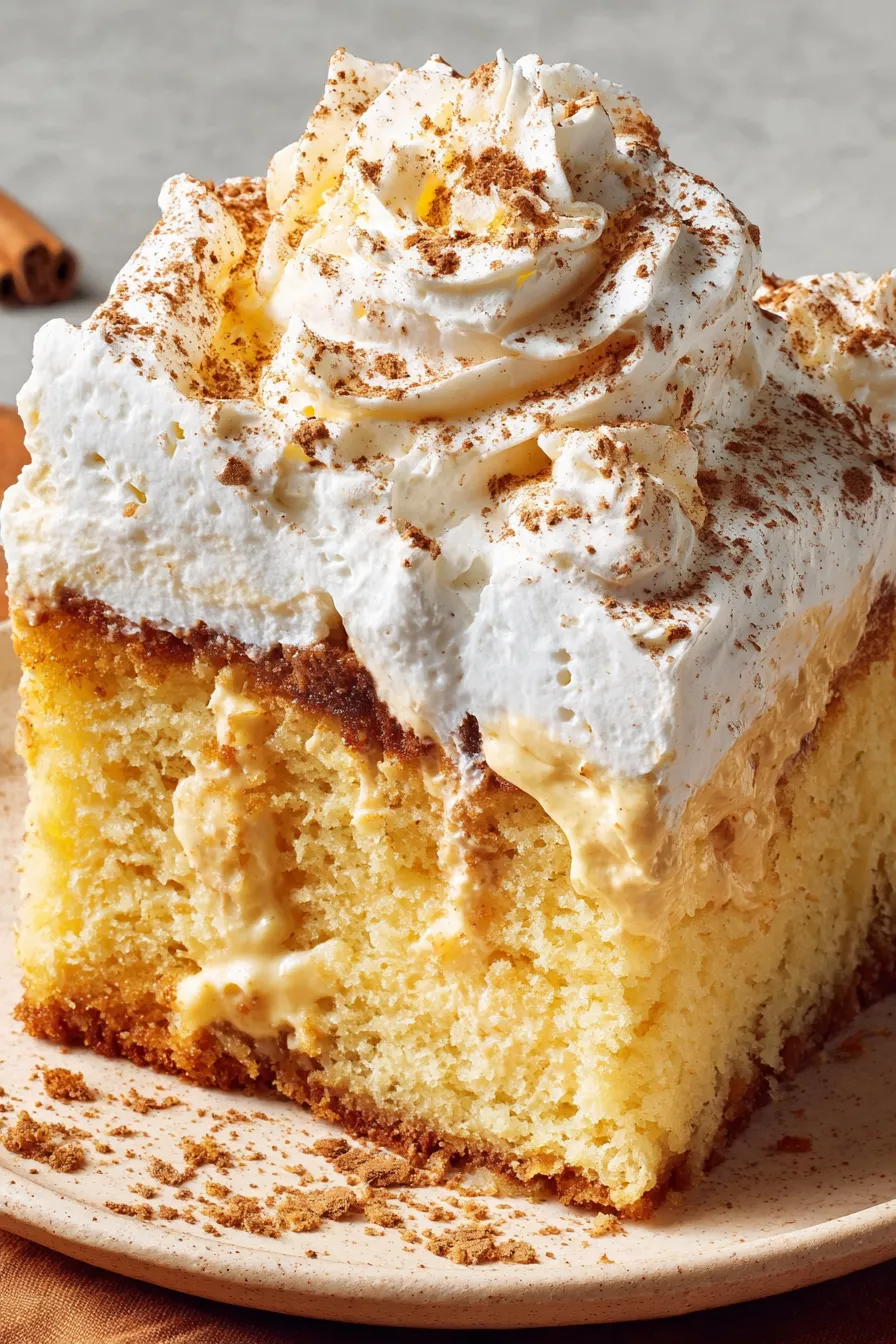 Close up of a slice of eggnog poke cake showing creamy soaked layers and spices