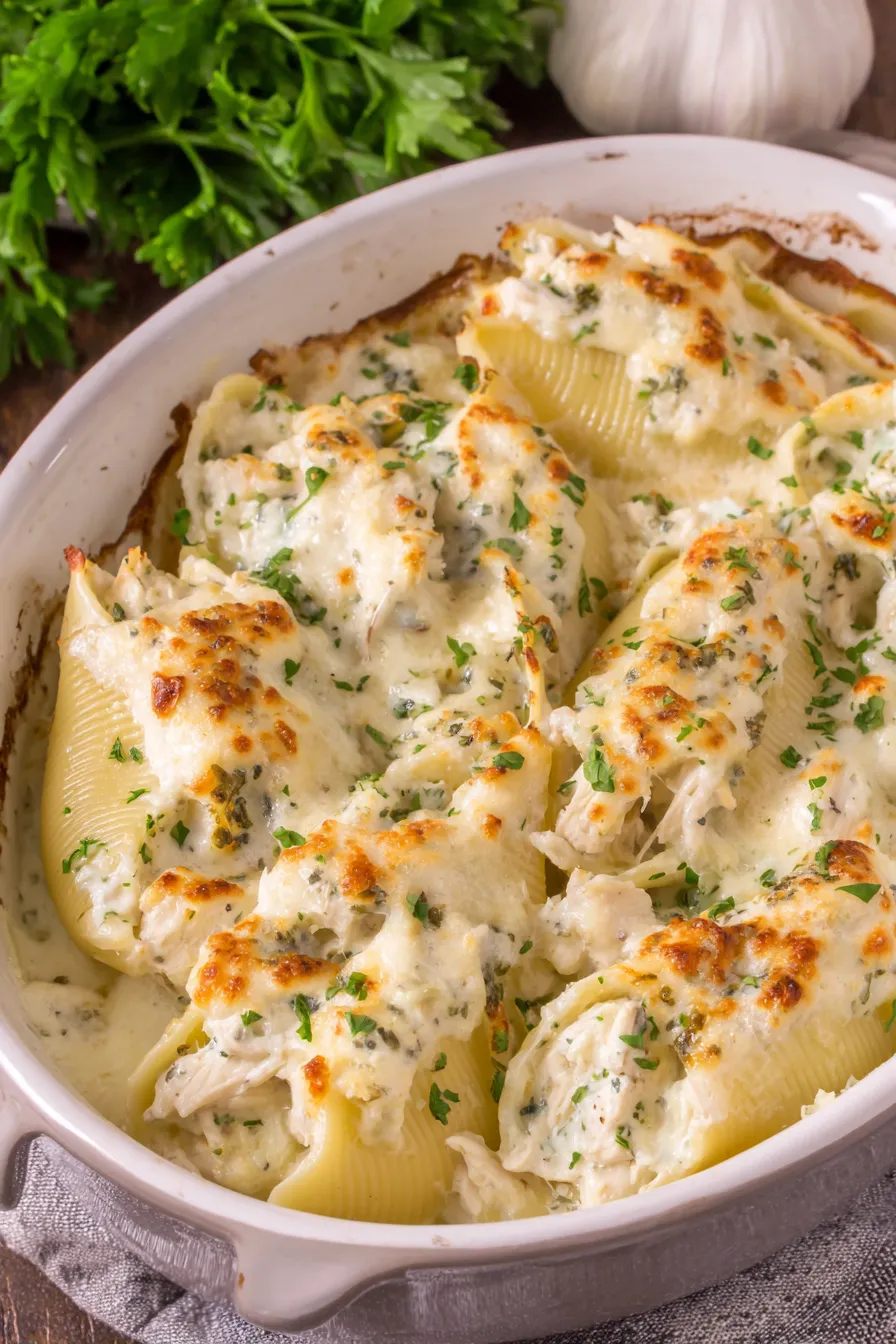 Chicken Alfredo stuffed shells on a baking dish
