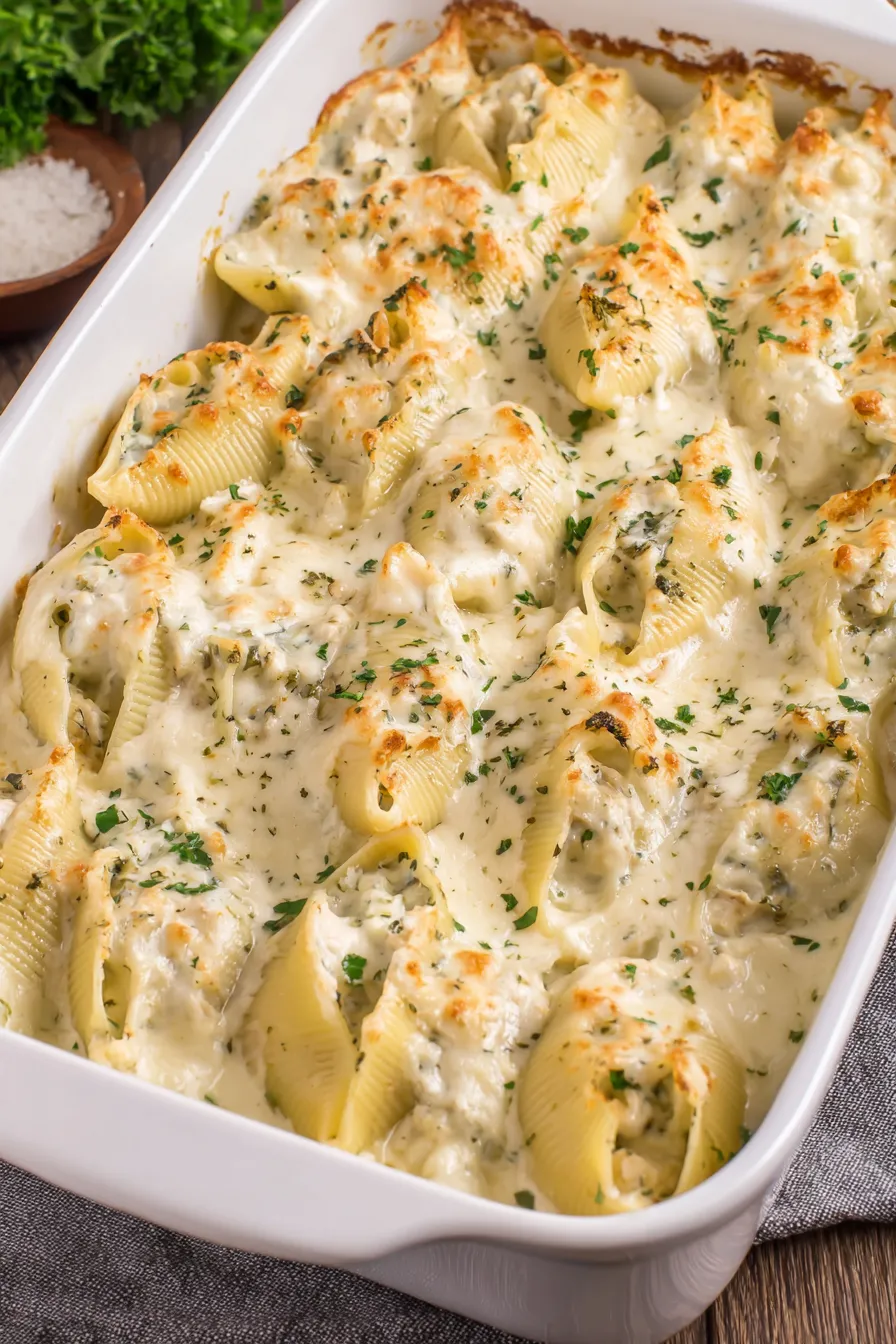 Close up of one stuffed shell showing creamy interior