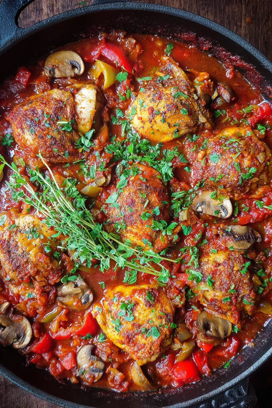 Golden-browned chicken thighs in tomato sauce
