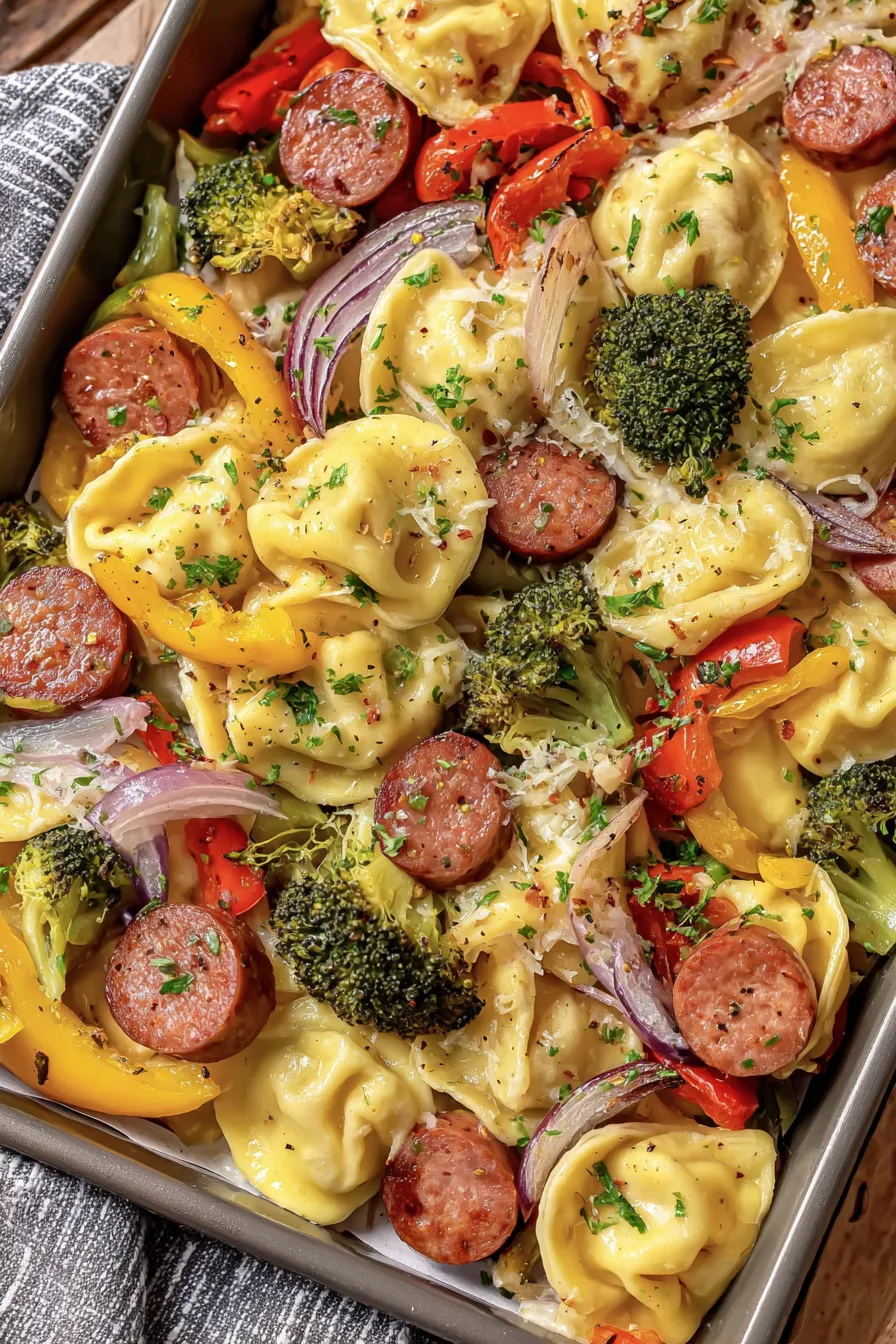 Fully roasted sheet pan pierogies and kielbasa