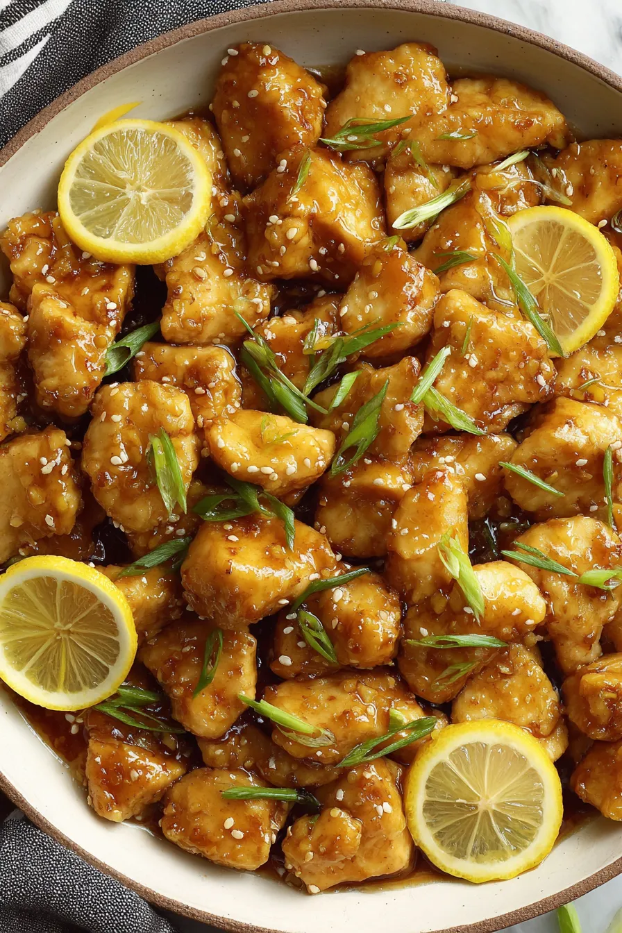 Plated lemon chicken with scallions