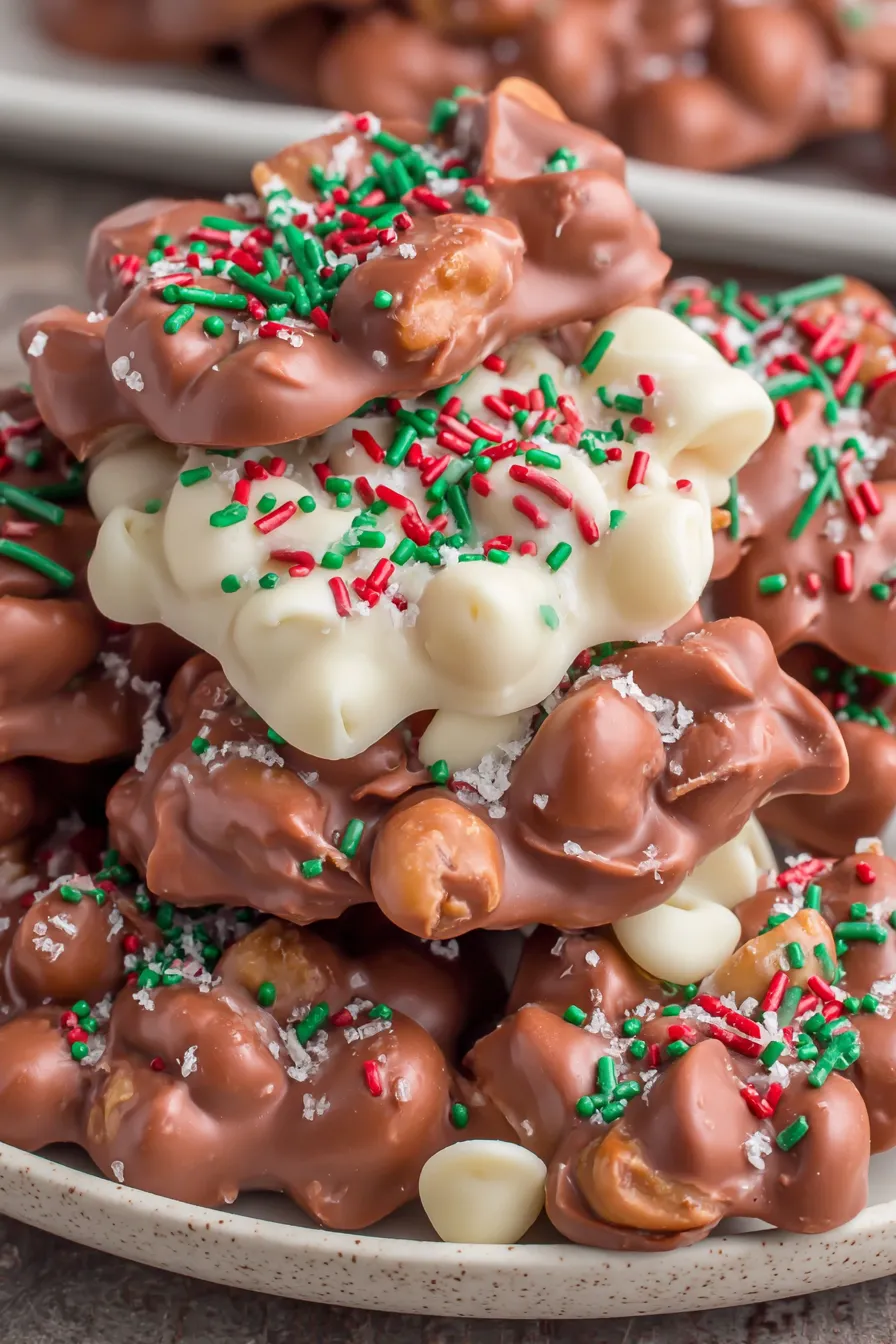 White and dark chocolate chips melting in a crock pot over peanuts