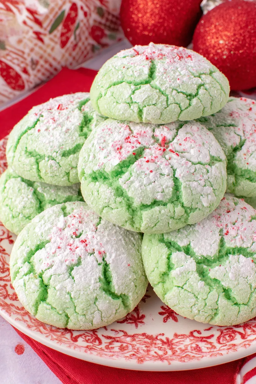 Freshly baked green Grinch cookies on a tray