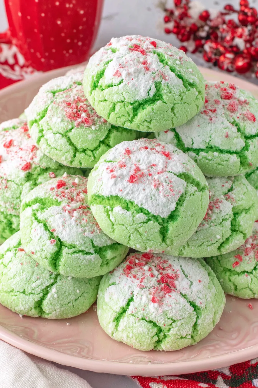 closeup of a Grinch cookie with a red heart