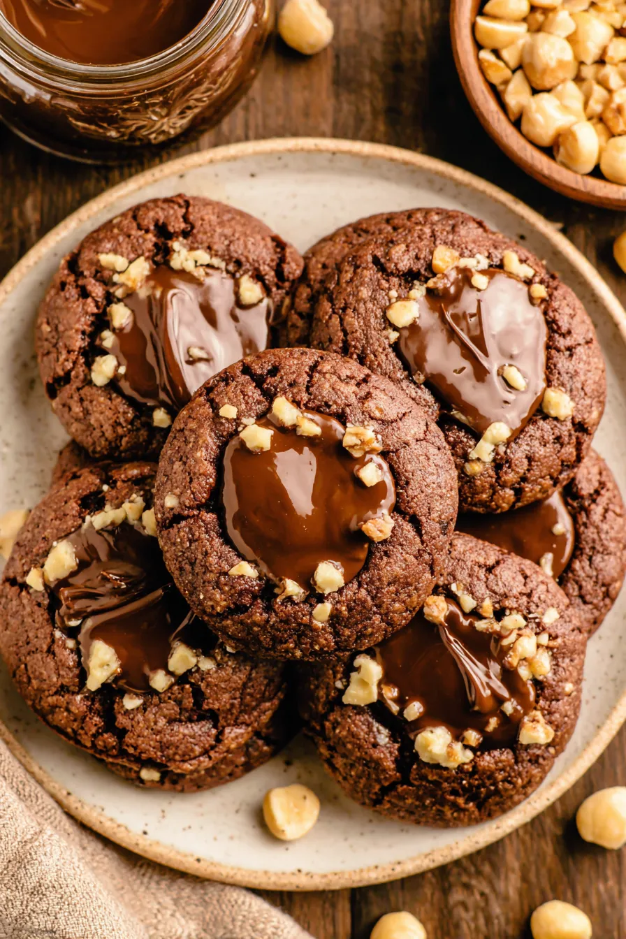 Chocolate hazelnut thumbprint cookie close up