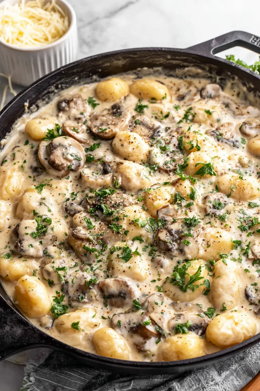Creamy gnocchi in skillet with mushrooms