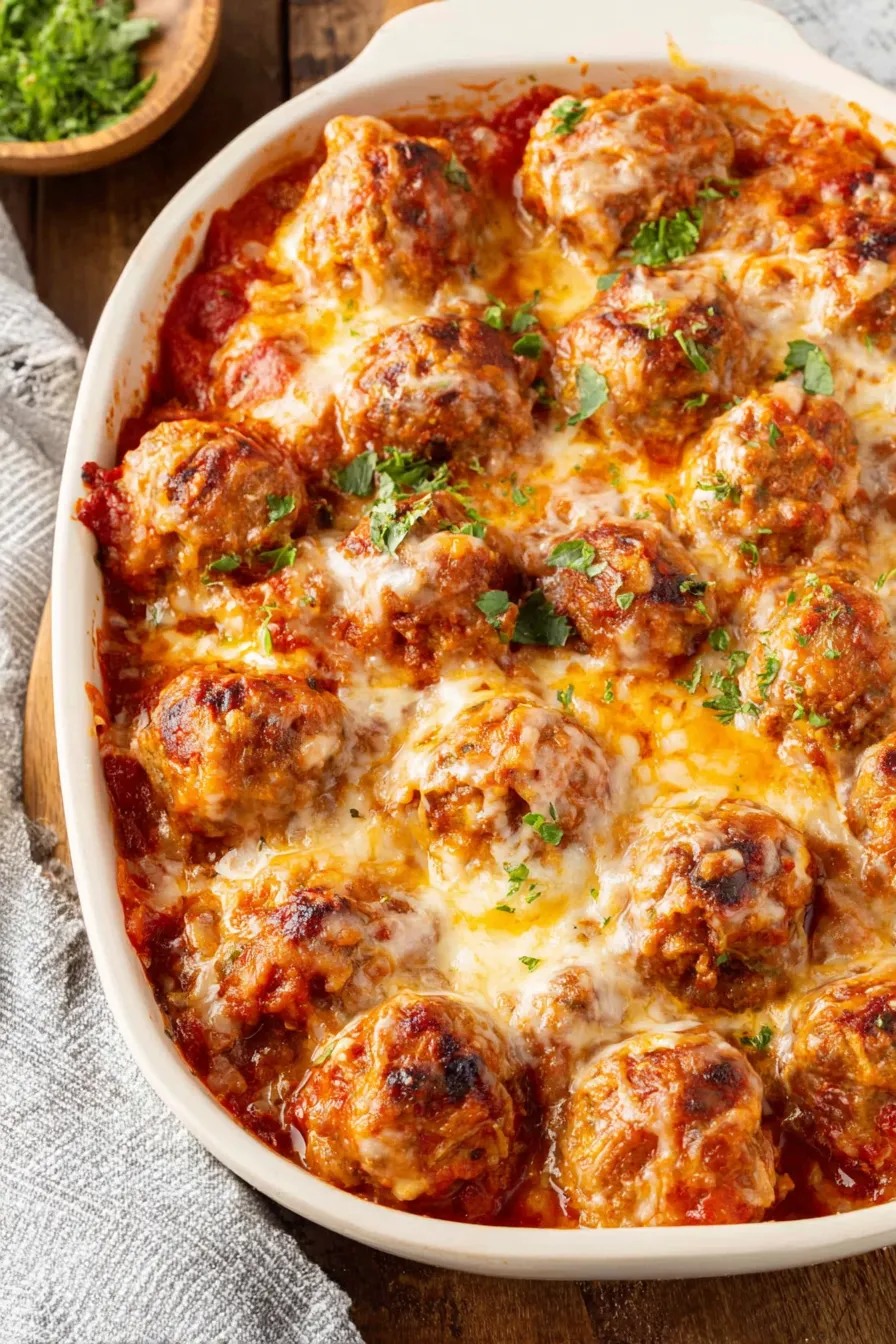 Tray of baked meatballs with sauce and melted mozzarella