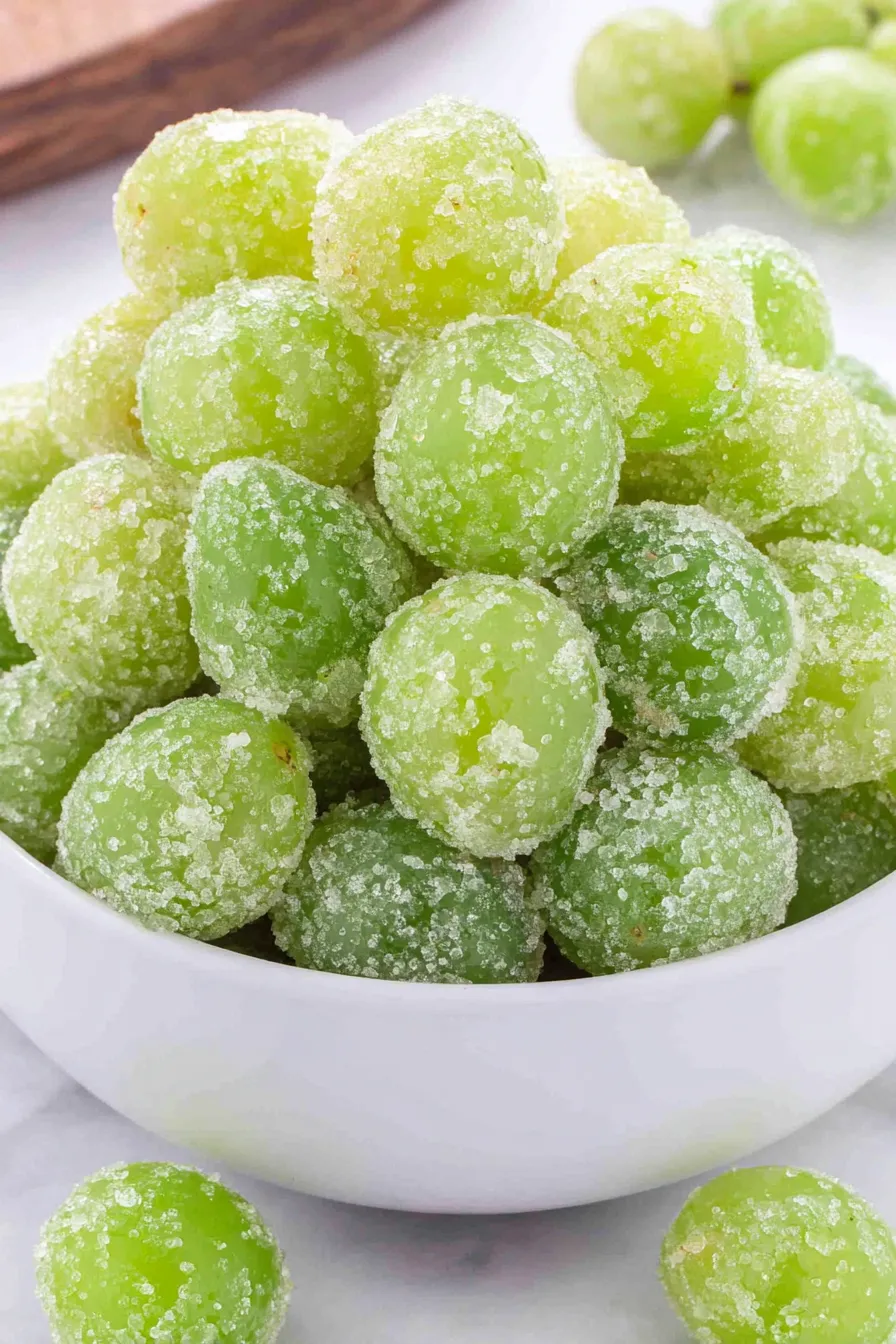 Frozen sugar-coated grapes on a serving plate