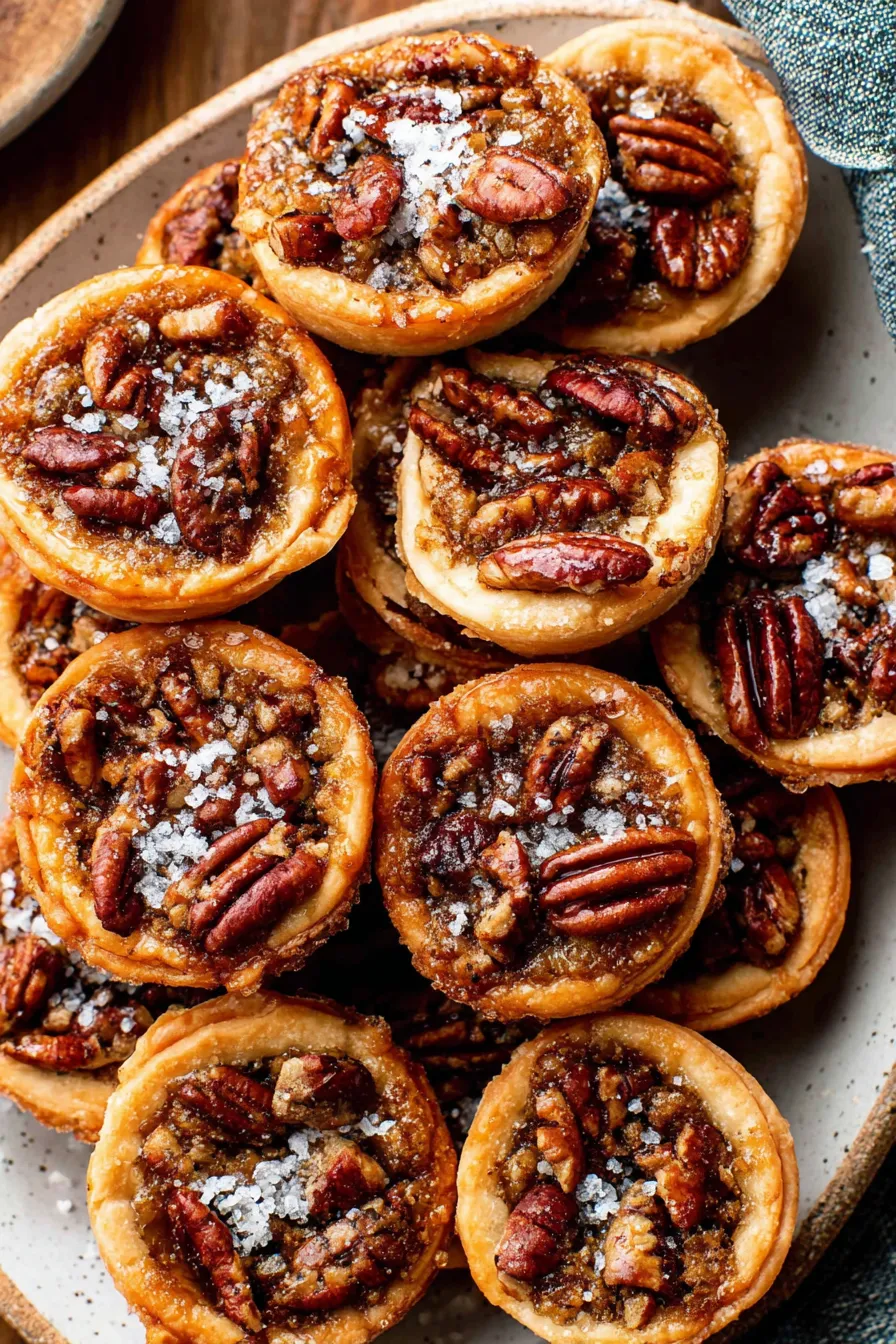 Close-up of a mini pecan pie with flaky sea salt