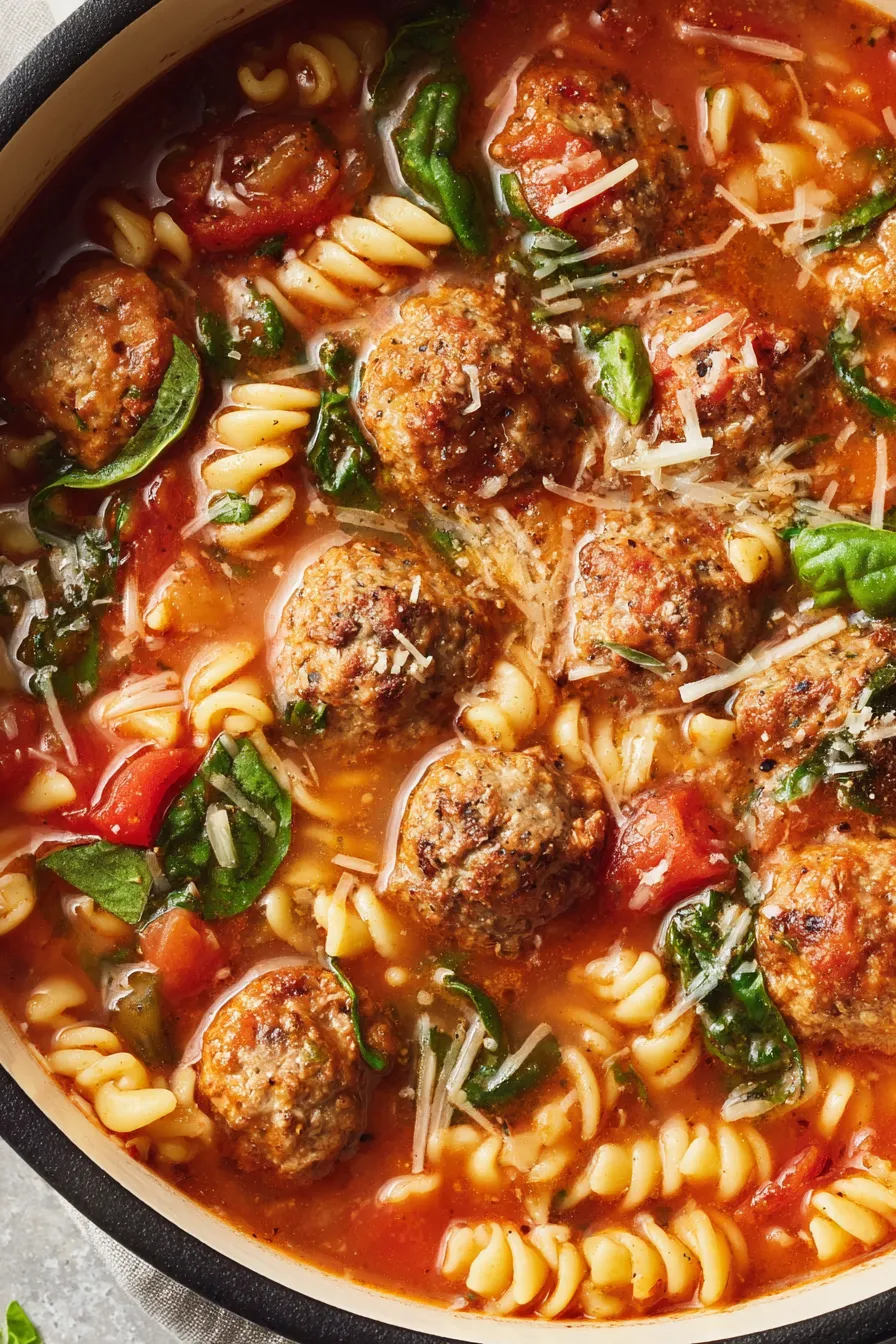 Italian Meatball Soup in a white bowl with basil