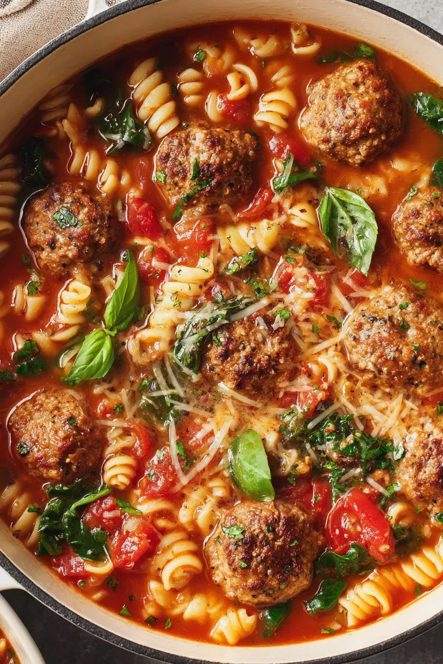 Close-up of meatballs and fusilli in tomato broth