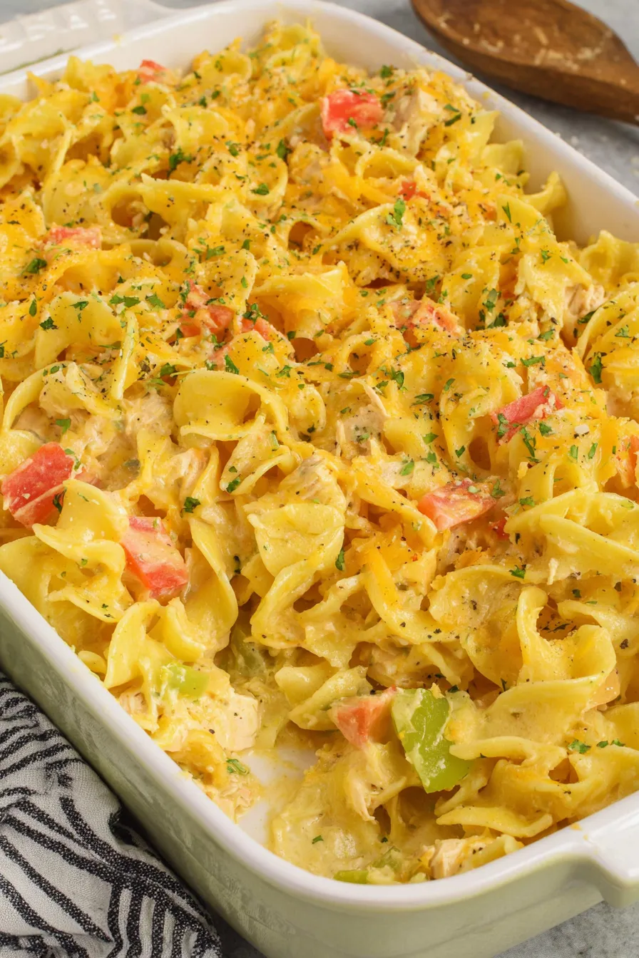 Bubbling chicken casserole with golden cracker topping