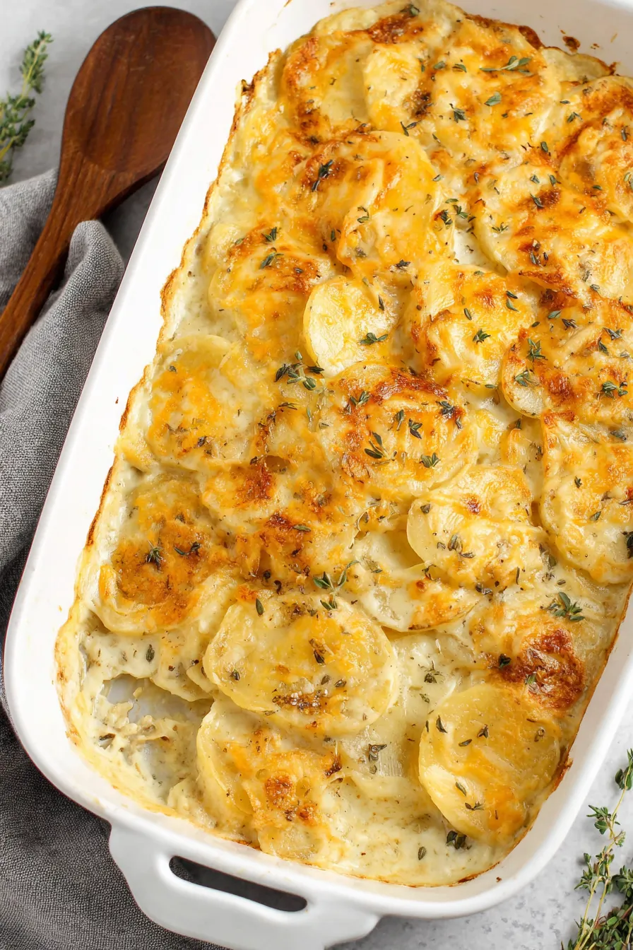Thinly sliced potatoes neatly layered in a baking dish before baking